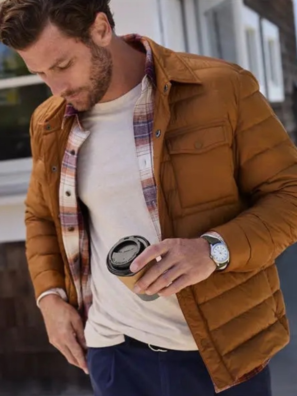 Lands' End Men's Quilted Puffer Shirt Jacket - Brown